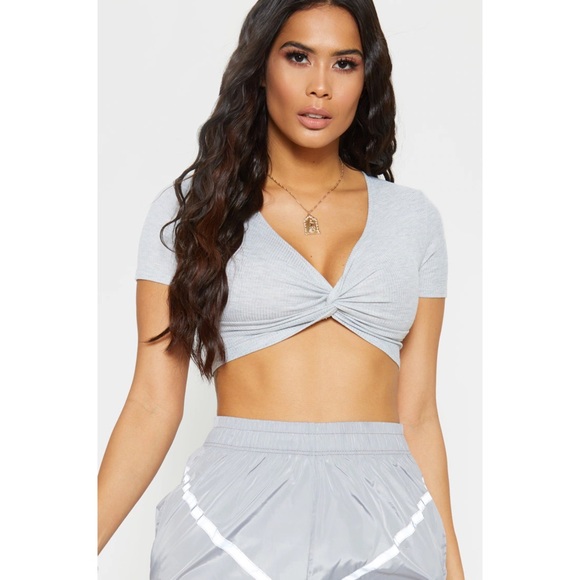 Grey Rib Knot Front Short Sleeve Crop Top US0 NEW - Picture 3 of 7